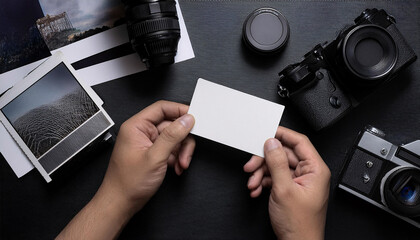 Obraz premium Business card mockup showcased on a flat lay of printed photos and camera equipment on a black surface