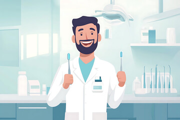 A professional and friendly dentist is standing in a modern, clean clinic, smiling warmly. They are holding a toothbrush in one hand and toothpaste in the other