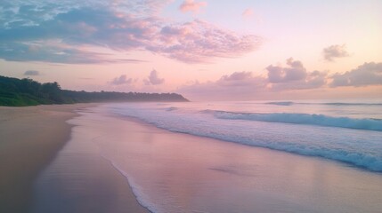 Serene Sunrise at the Beach with Gentle Waves and Soft Pastel Skies, A Tranquil Coastal Landscape Reflecting Nature's Beauty and Calmness