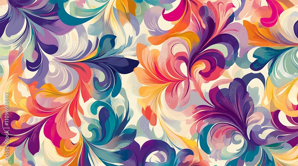 Poster a seamless abstract floral pattern with intricate swirls and vivid colors, set against a transparent