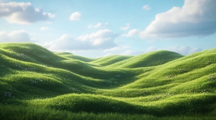 Serene Rolling Hills Covered in Lush Green Grass Under a Bright Blue Sky with Fluffy Clouds, Evoking Tranquility and Natural Beauty in a Vibrant Landscape
