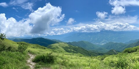 A beautiful mountain range with a clear blue sky. The mountains are covered in lush green trees and the sky is dotted with clouds. The scene is peaceful and serene, with a sense of calm