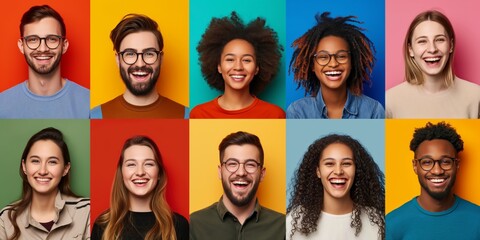 A group of people with different hair colors and styles are smiling and wearing glasses. Concept of diversity and happiness, as the people are all smiling and looking at the camera