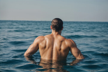 young muscle man rear view swim in sea	