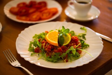 Tuna tartare on white plate with arugula, mint, and citrus garnish; wooden table with breakfast dishes in the background.