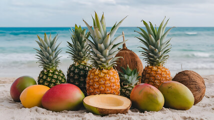 A tropical assortment of pineapples, mangoes, and coconuts on the beach.