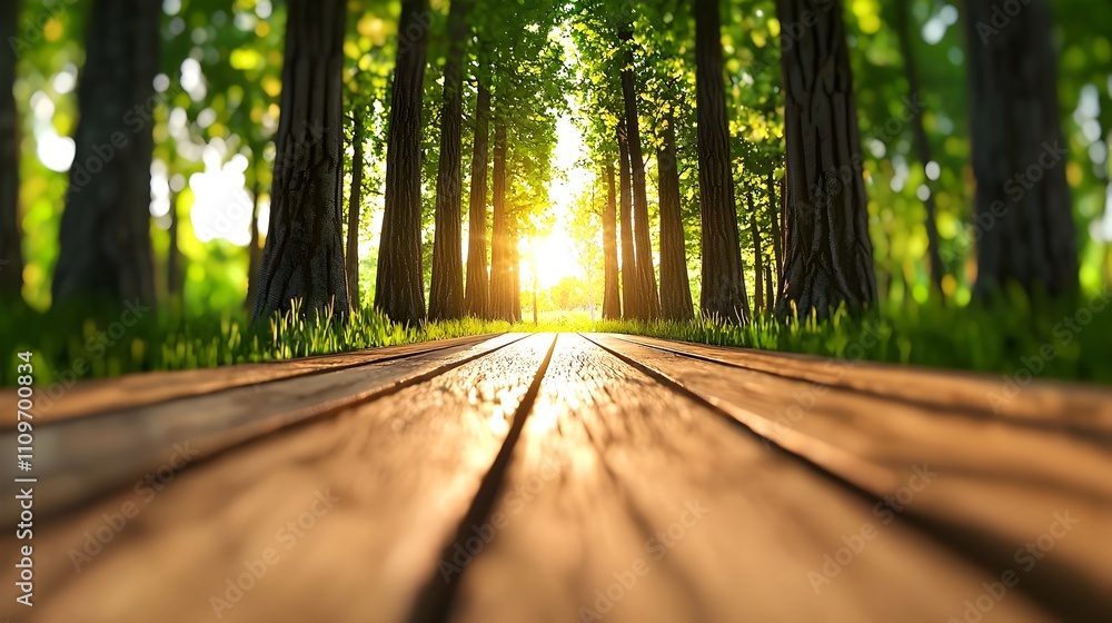 Poster blurred forest path with soft golden sunlight shining through the trees