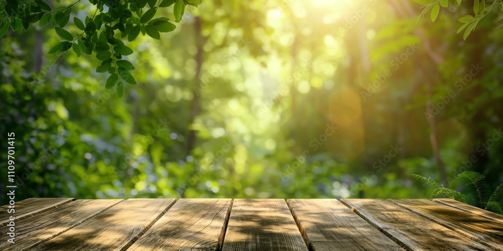 Poster a wooden table with a view of a forest. the table is empty and the view is of a lush green forest wi