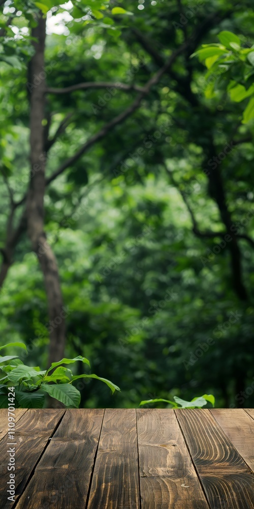 Poster a wooded area with a wooden table in the foreground. the table is surrounded by trees and bushes, cr