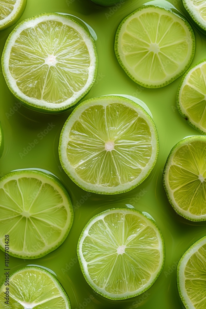Poster a close up of green lime slices arranged in a pattern. concept of freshness and health, as limes are