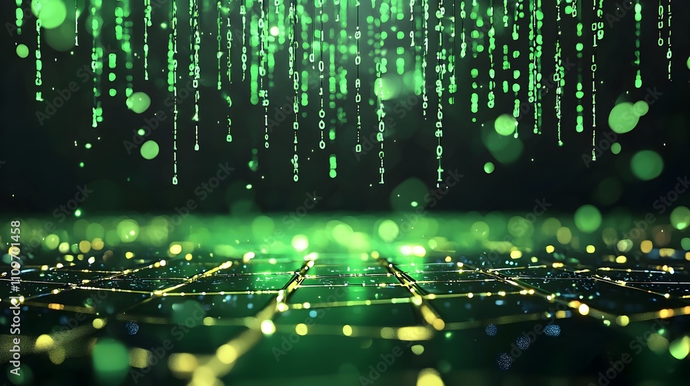 Poster digital matrix background with glowing green code cascading down ideal for futuristic or tech relate