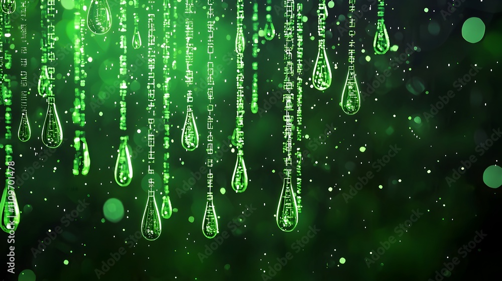 Poster cascading digital matrix background with glowing green code for futuristic tech designs