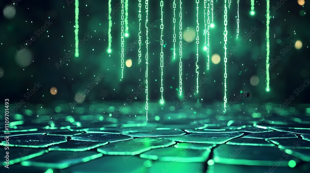 Poster glowing digital matrix with cascading code for futuristic tech designs