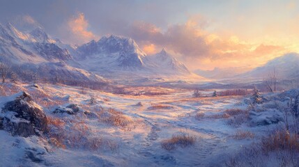 Snowy Mountain Valley at Sunset with a Path Through the Field