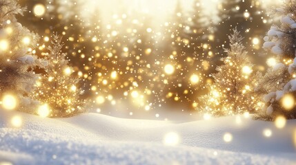A truly stunning and picturesque snowy landscape bursting with shimmering gold holiday lights, beautifully evoking feelings of warmth and charm in this enchanting winter wonderland scene