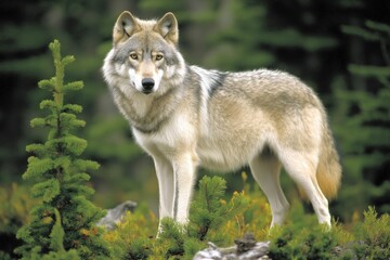 Obraz premium Gray wolf stands alert in the forest, observing its surroundings with intent focus in the soft morning light