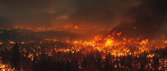 Abstract illustration of a forest fire blazing out of control, emergency evacuation, fire break, fiery inferno, damaged ecosystem, burning branches