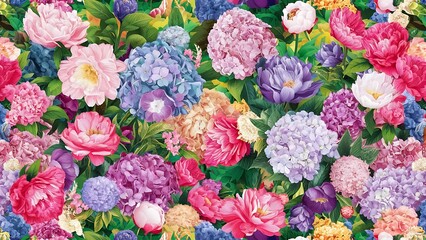 Beautiful and colorful hydrangea and peony vector seamless background