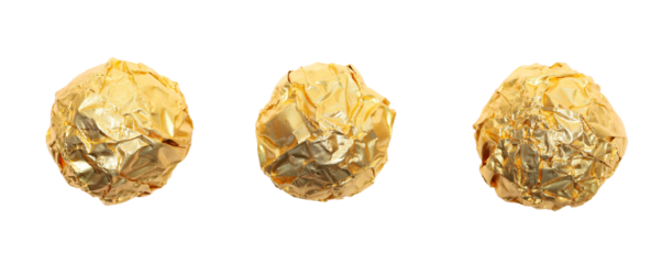 Chocolate balls in golden wrapping isolated on white, top view