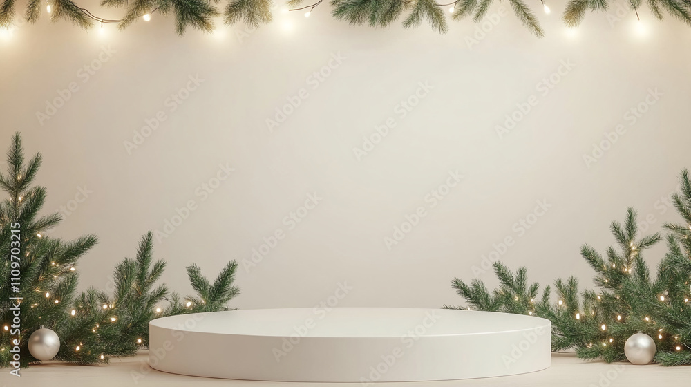 Poster elegant display stage decorated with evergreen branches and soft lights for a festive event or celeb