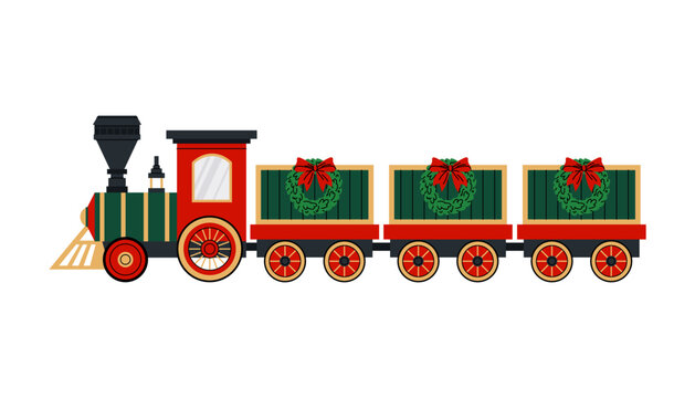 Train. Christmas train toy. Steam train with wagons decorated with Christmas wreaths and bows. Flat illustration on white background. 