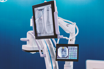 X-ray equipment C-arm with flat panel detector and monitor