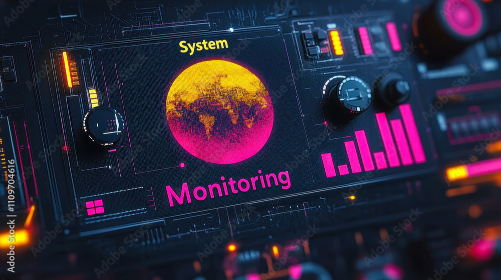 Poster futuristic system monitoring interface with digital globe and data visualization elements