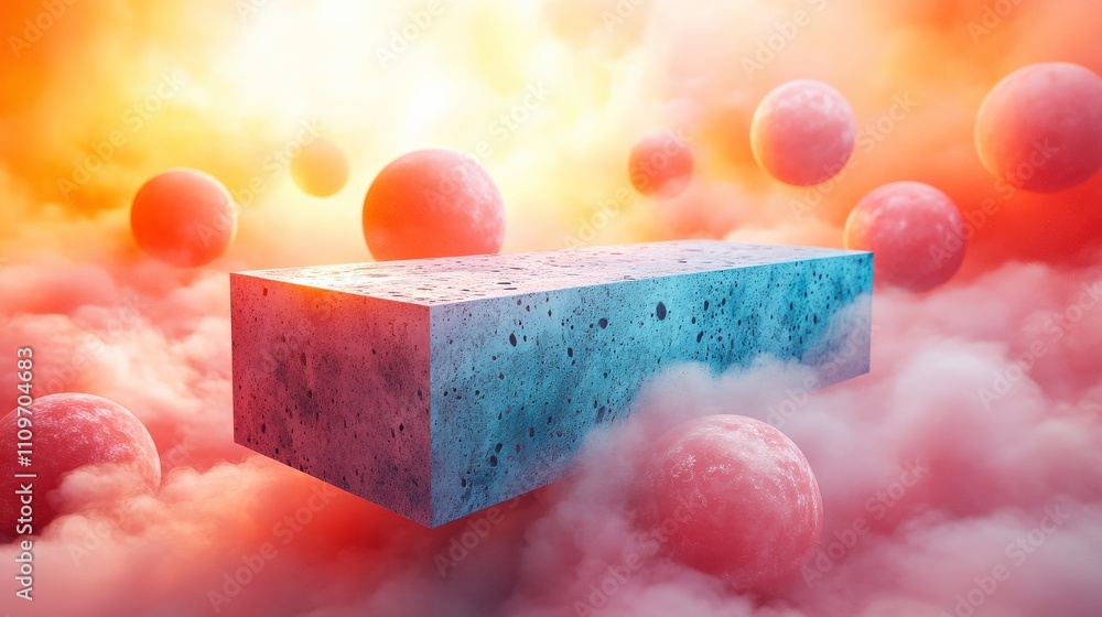 Poster ethereal abstract scene featuring a floating block in colorful cloudy environment with distant spher