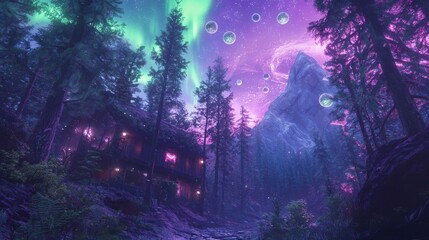 Fototapeta premium Enchanted Cabin in Pine Forest with Magical Orbs and Aurora Sky - Ultra-Detailed Cozy Winter Wonderland Getaway