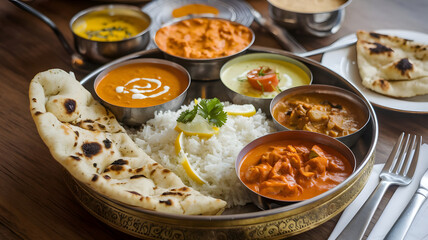 A hearty Indian thali with various curries, rice, and naan bread.