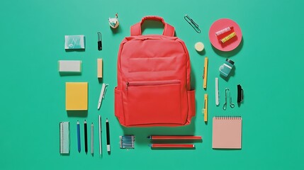 A vibrant red backpack filled with various school supplies placed on a bright green background