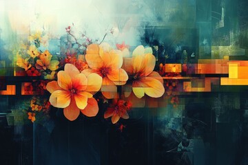 Orange flowers blossoming over an abstract background with geometric shapes, creating a vibrant and artistic composition