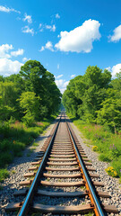 Fototapeta premium Railroad tracks winding through a dense forest with tall trees and vibrant green foliage, surrounded by colorful wildflowers and a clear blue sky with fluffy white clouds, sunlit, woods, rustic