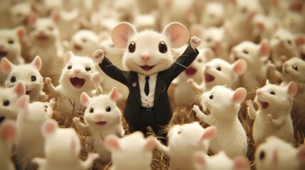 A happy, animated mouse in a tuxedo surrounded by cheering mice.