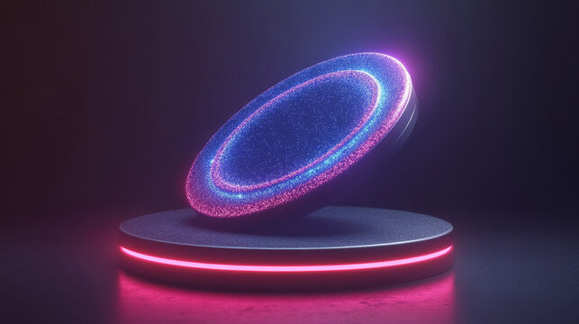 glowing futuristic disc on neon lit platform. - Powered by Adobe