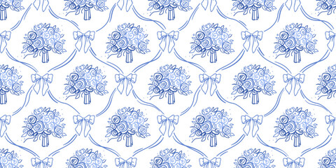 Blue coquette bow and flowers. Floral damask seamless pattern for fabric, wallpaper, cover, wrapping paper. Botanical classic elegance print Vector isolated on white background