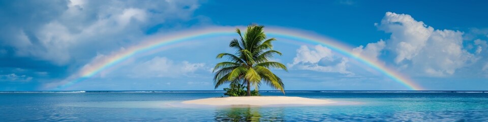 A tropical island with a palm tree and a rainbow in the sky. The island is surrounded by water and the sky is clear and blue