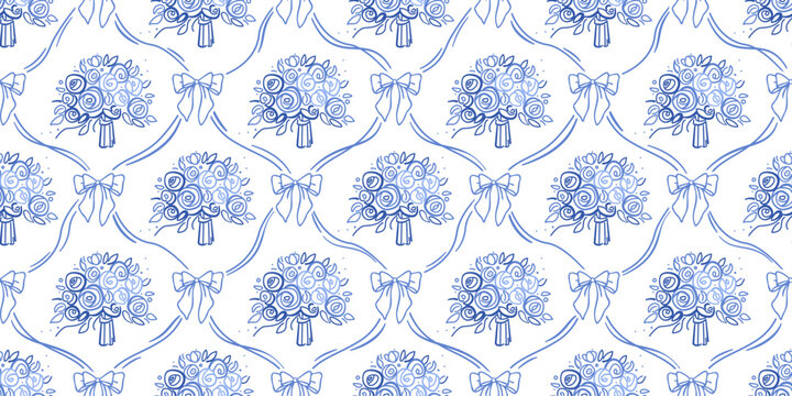 Blue coquette bow and flowers. Floral damask seamless pattern for fabric, wallpaper, cover, wrapping paper. Botanical classic elegance print Vector isolated on white background