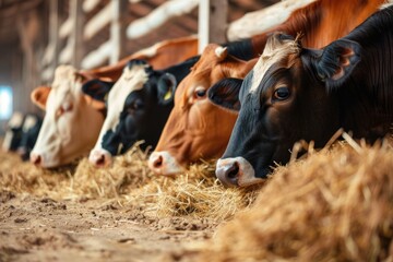 Cows eating hay in dairy farm cowshed.