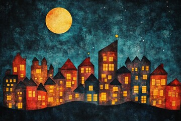 Painting of a cozy town lit up at night under a full moon and starry sky
