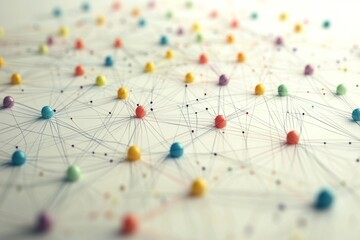 Network of colorful pins connected by string visualized on a white background
