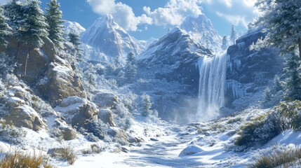 Fototapeta premium Snow-Covered Mountains with a Waterfall and a Winding River