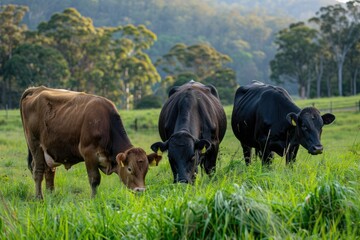 Fototapeta premium Australian beef cattle farm with cows and calves grazing.