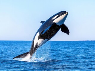 Aquarell Style Motive of an orca whale jumping out of the ocean, light background