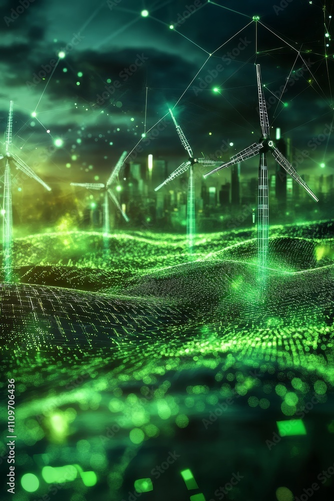 Aufkleber an abstract depiction of a sustainable energy landscape, featuring glowing data waves and wind turbi