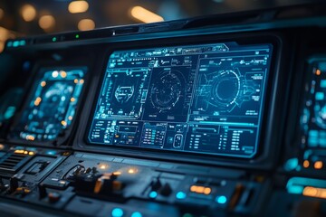 Complex digital interface displaying critical information for navigation and control in a spacecraft