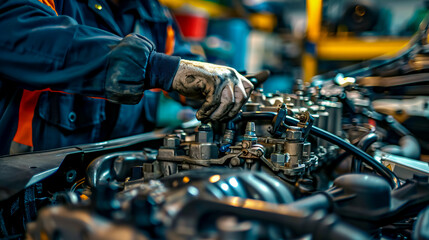 Sealing gasket in hand: Mechanic disassembling an engine block. Engine on a repair stand with piston and connecting rod of automotive technology. Interior of a car repair shop.