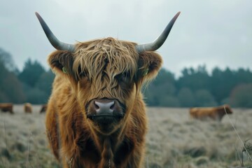 Close up of a highland cow in a field of cows in England