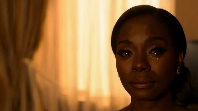 A Black woman displays deep emotion and sadness, with tears glistening on her cheeks in a warmly lit setting