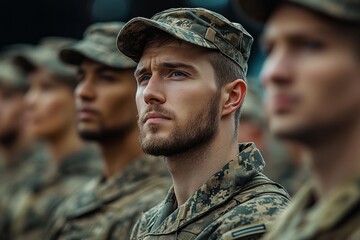 Fototapeta premium Soldiers standing in formation wearing camouflage uniforms and caps, demonstrating unity and readiness